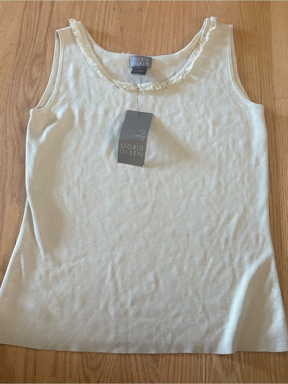 Sigrid Olsen Cream Frayed-Trim Ribbed Tank NEW Small Silk Blend Tan Beige Boho
